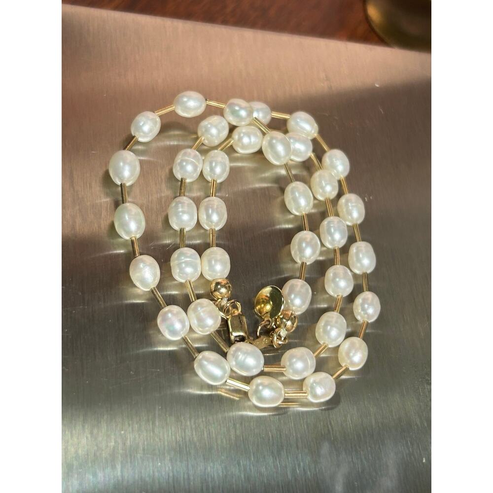 14k gold filled white pearl and clear silicon bar beaded necklace 16”